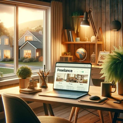 ruang kerja dengan laptop membuka halaman freelance